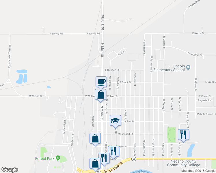 map of restaurants, bars, coffee shops, grocery stores, and more near 1030 North Hickory Street in Ottawa