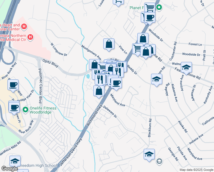 map of restaurants, bars, coffee shops, grocery stores, and more near 14858 Jefferson Davis Highway in Woodbridge