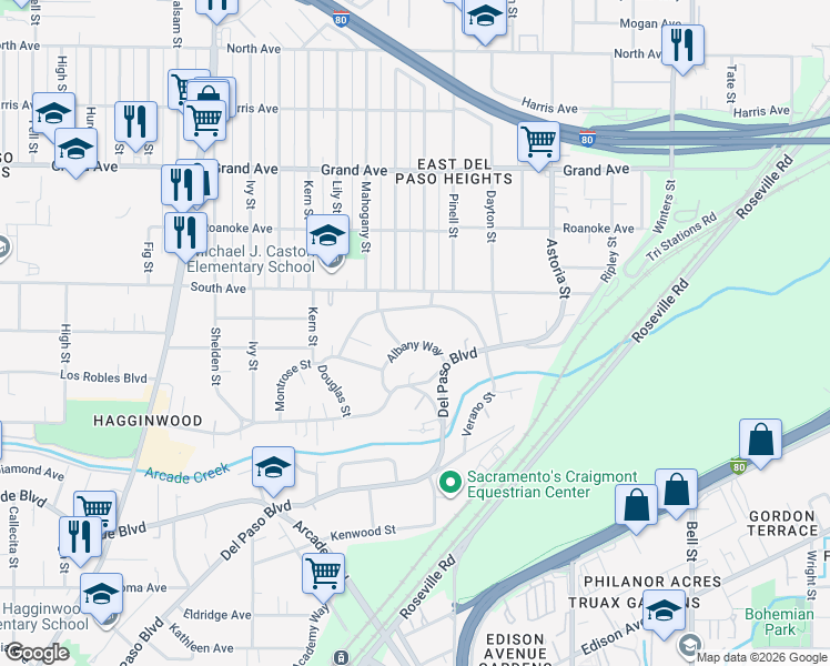 map of restaurants, bars, coffee shops, grocery stores, and more near 3320 Albany Way in Sacramento