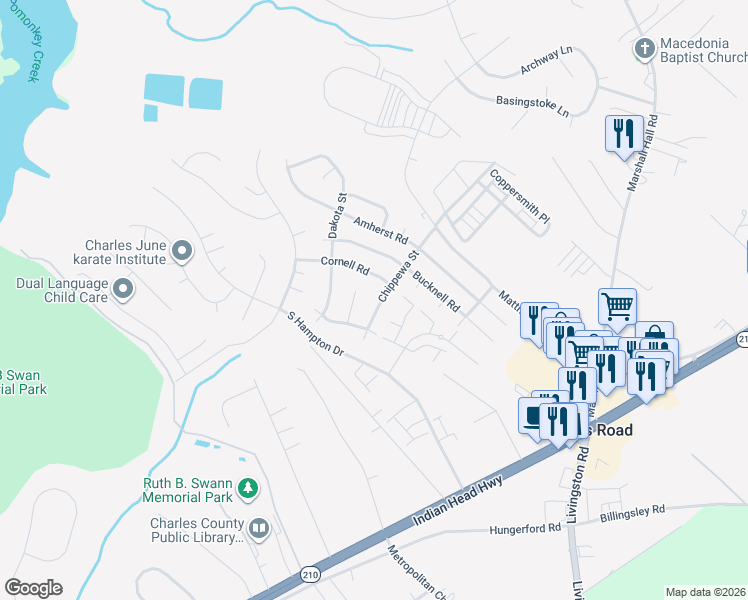 map of restaurants, bars, coffee shops, grocery stores, and more near 2883 Chippewa Street in Bryans Road