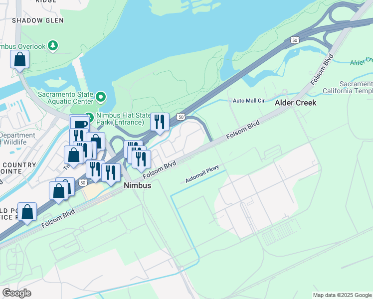 map of restaurants, bars, coffee shops, grocery stores, and more near 12499 Folsom Boulevard in Rancho Cordova