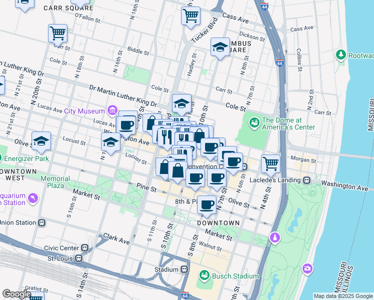 map of restaurants, bars, coffee shops, grocery stores, and more near 1000 Washington Avenue in St. Louis
