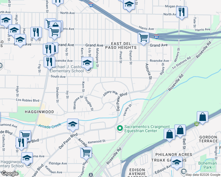 map of restaurants, bars, coffee shops, grocery stores, and more near 3320 Albany Way in Sacramento