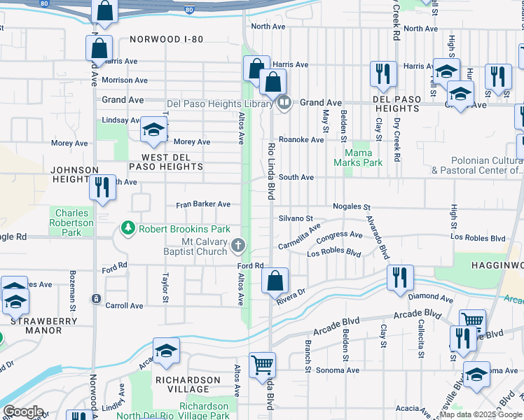 map of restaurants, bars, coffee shops, grocery stores, and more near 900 Silvano Street in Sacramento