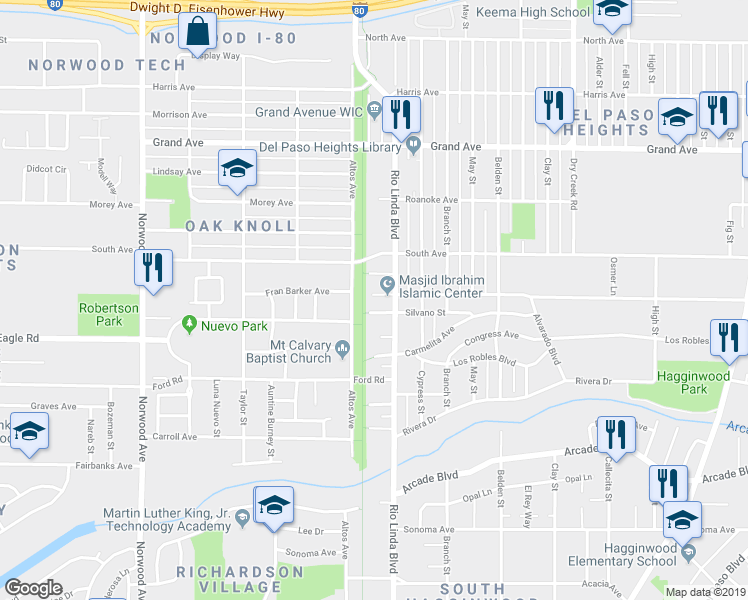 map of restaurants, bars, coffee shops, grocery stores, and more near 802 Silvano Street in Sacramento