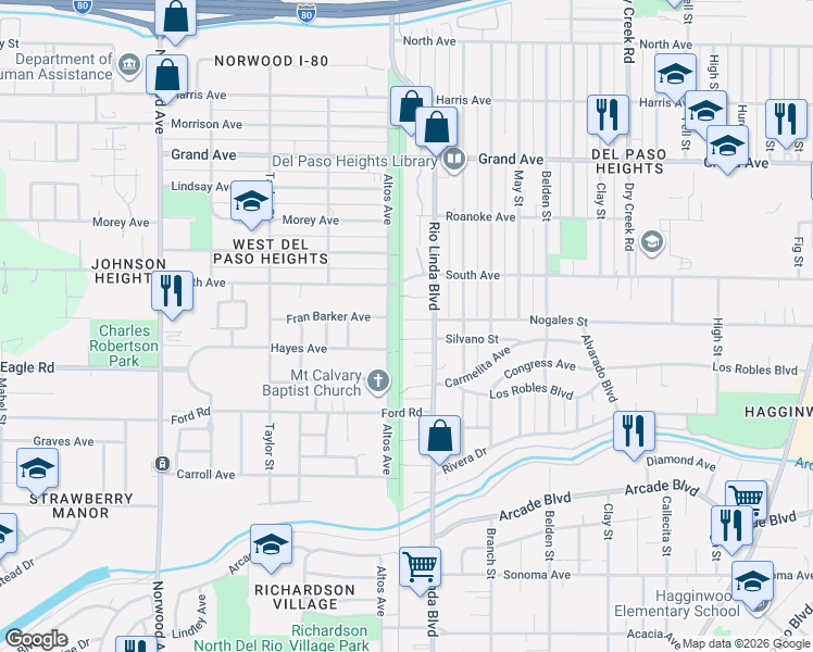 map of restaurants, bars, coffee shops, grocery stores, and more near 802 Silvano Street in Sacramento