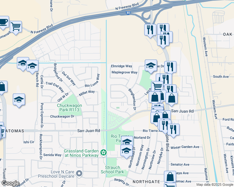 map of restaurants, bars, coffee shops, grocery stores, and more near 3441 Rancho Rio Way in Sacramento