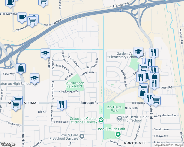 map of restaurants, bars, coffee shops, grocery stores, and more near 3450 Smilax Way in Sacramento