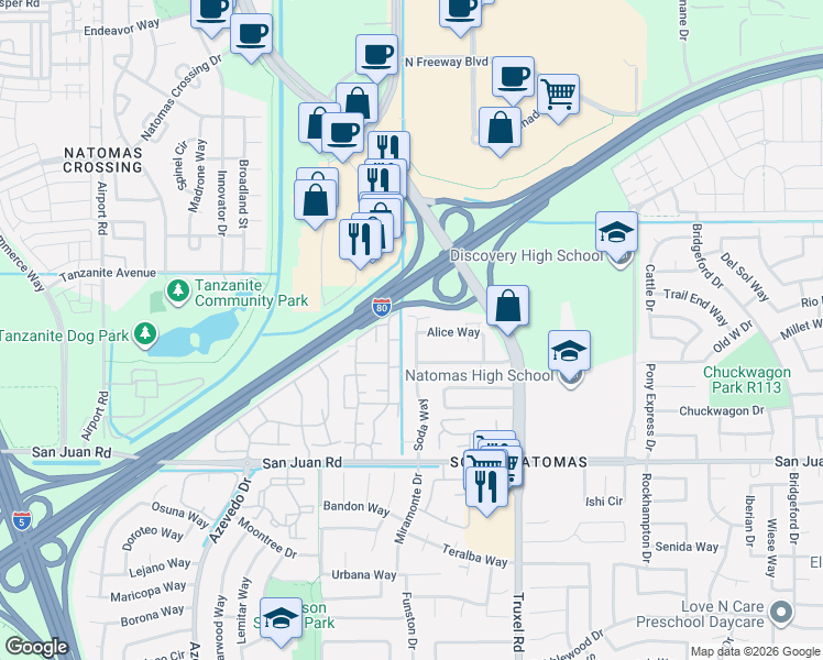 map of restaurants, bars, coffee shops, grocery stores, and more near 1970 Alice Way in Sacramento