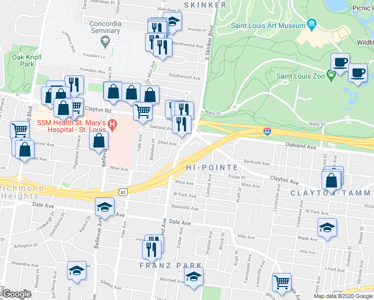 map of restaurants, bars, coffee shops, grocery stores, and more near 1033 Forest Avenue in St. Louis