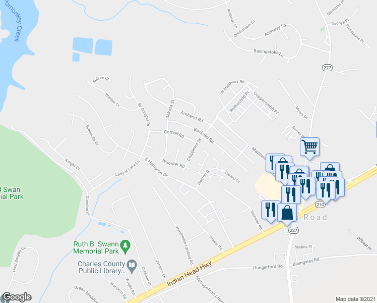 map of restaurants, bars, coffee shops, grocery stores, and more near 2883 Chippewa Street in Bryans Road