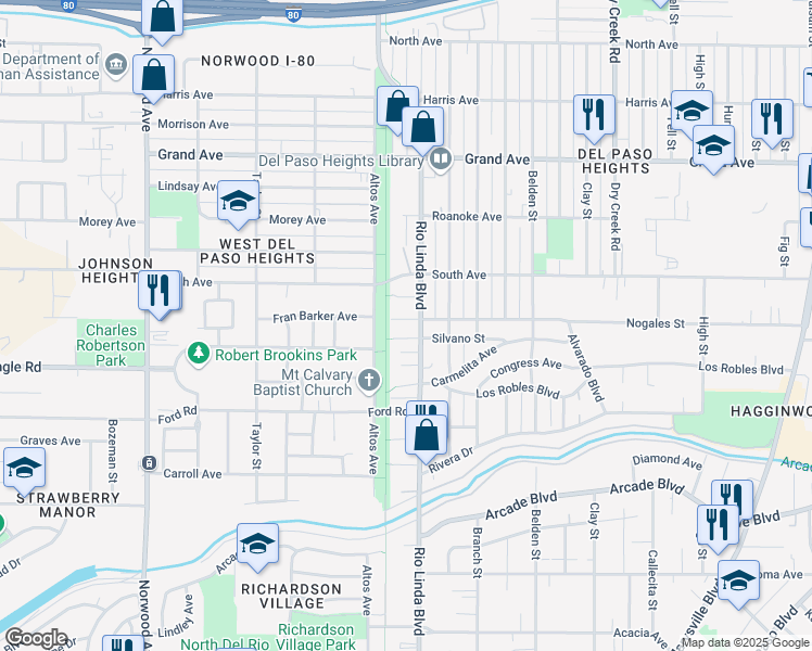 map of restaurants, bars, coffee shops, grocery stores, and more near 900 Silvano Street in Sacramento