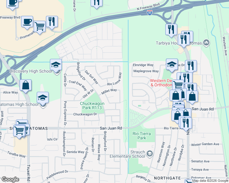 map of restaurants, bars, coffee shops, grocery stores, and more near 3450 Smilax Way in Sacramento
