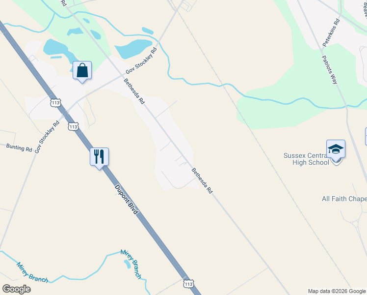 map of restaurants, bars, coffee shops, grocery stores, and more near 26013 Bethesda Road in Georgetown