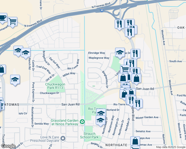 map of restaurants, bars, coffee shops, grocery stores, and more near 3441 Rancho Rio Way in Sacramento