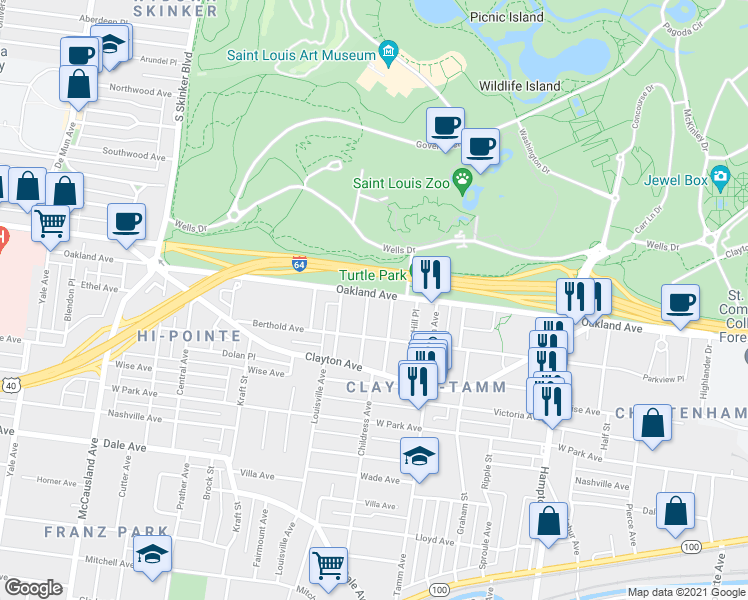 map of restaurants, bars, coffee shops, grocery stores, and more near 6464 Oakland Avenue in St. Louis