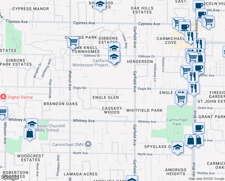 map of restaurants, bars, coffee shops, grocery stores, and more near 5342 Nyoda Way in Carmichael