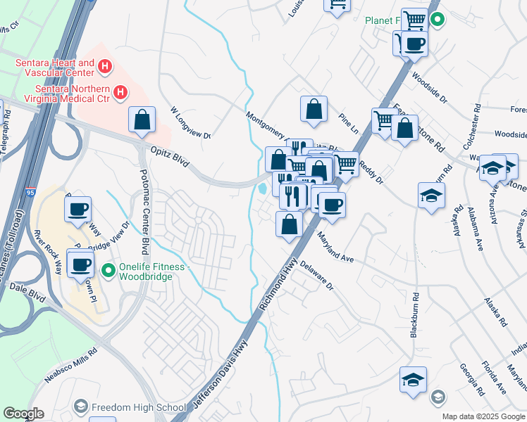 map of restaurants, bars, coffee shops, grocery stores, and more near 14809 Mason Creek Circle in Woodbridge