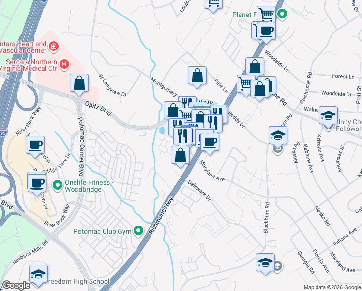 map of restaurants, bars, coffee shops, grocery stores, and more near 1969 Daniel Stuart Square in Woodbridge