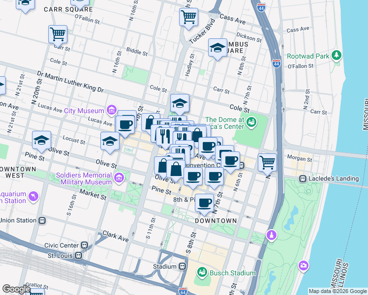 map of restaurants, bars, coffee shops, grocery stores, and more near 1000 Washington Avenue in St. Louis