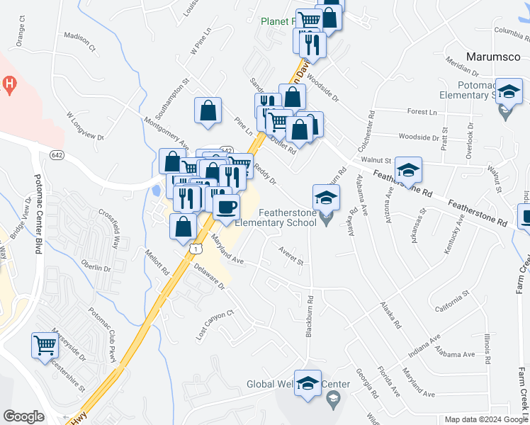 map of restaurants, bars, coffee shops, grocery stores, and more near 14793 Winding Loop in Woodbridge