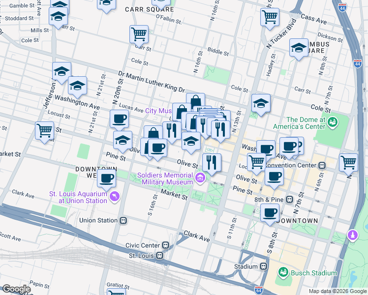map of restaurants, bars, coffee shops, grocery stores, and more near 310 North 15th Street in St. Louis