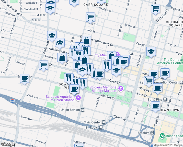 map of restaurants, bars, coffee shops, grocery stores, and more near 1717 Olive Street in St. Louis