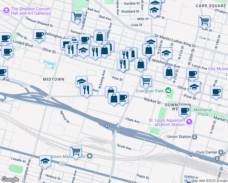map of restaurants, bars, coffee shops, grocery stores, and more near 2701 Market Street in St. Louis