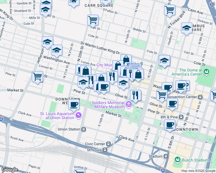 map of restaurants, bars, coffee shops, grocery stores, and more near 1600 Locust Street in Saint Louis