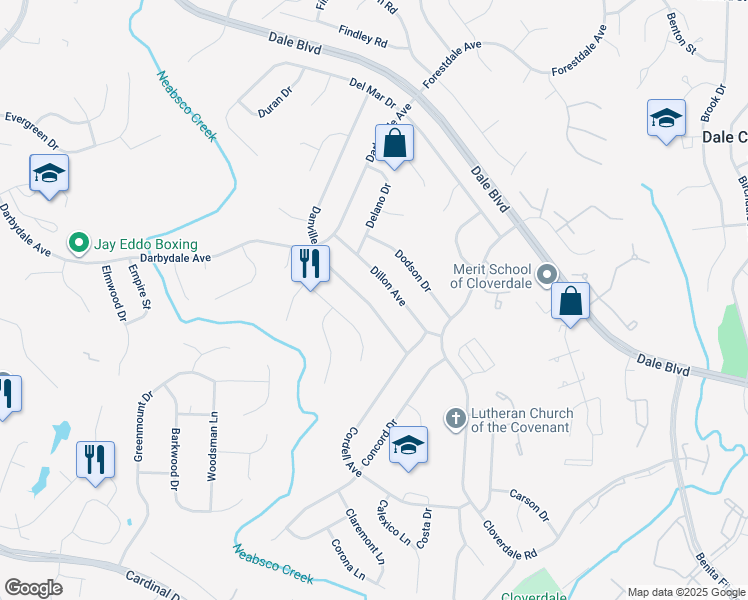 map of restaurants, bars, coffee shops, grocery stores, and more near 14809 Danville Road in Woodbridge