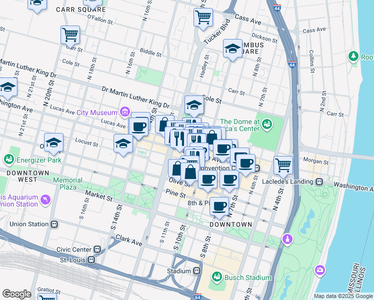 map of restaurants, bars, coffee shops, grocery stores, and more near 1000 Washington Avenue in St. Louis