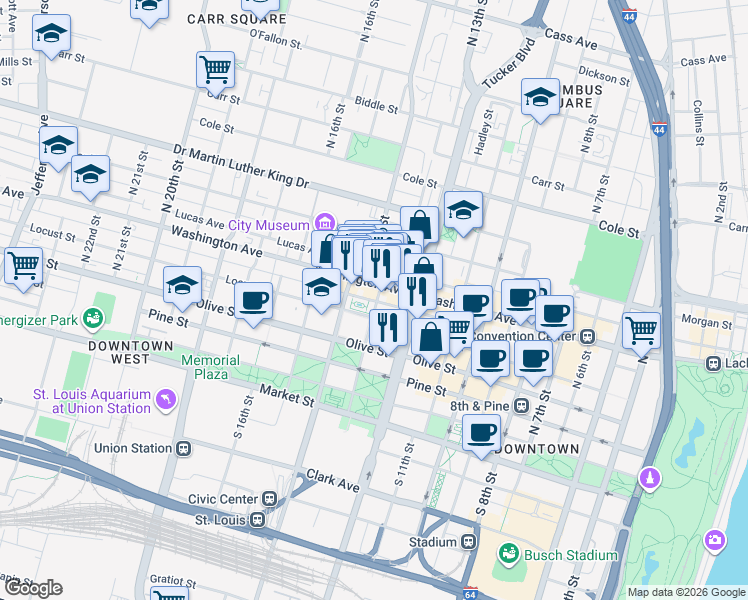 map of restaurants, bars, coffee shops, grocery stores, and more near 1221 Locust Street in St. Louis