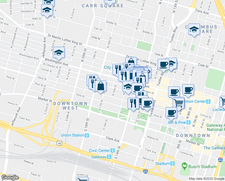 map of restaurants, bars, coffee shops, grocery stores, and more near 1527 Olive Street in St. Louis