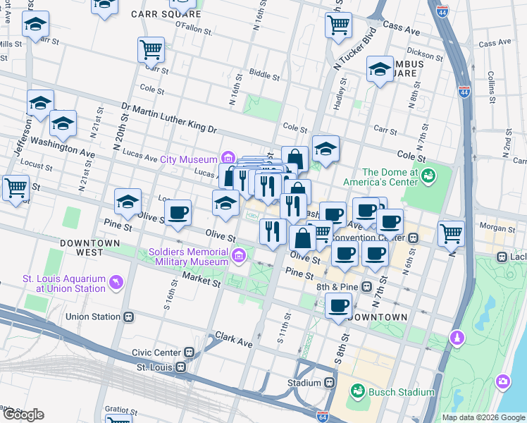 map of restaurants, bars, coffee shops, grocery stores, and more near 507 North 13th Street in St. Louis
