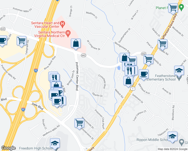 map of restaurants, bars, coffee shops, grocery stores, and more near 14606 Cadbury Way in Woodbridge