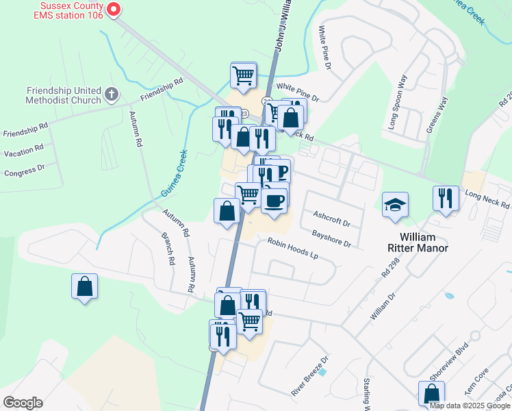 map of restaurants, bars, coffee shops, grocery stores, and more near 32051 Plaza Drive in Millsboro