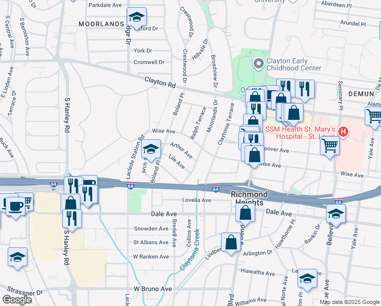 map of restaurants, bars, coffee shops, grocery stores, and more near 1220 Moorlands Drive in Richmond Heights