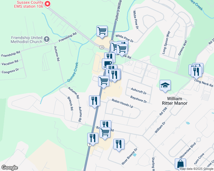map of restaurants, bars, coffee shops, grocery stores, and more near 32051 Plaza Drive in Millsboro