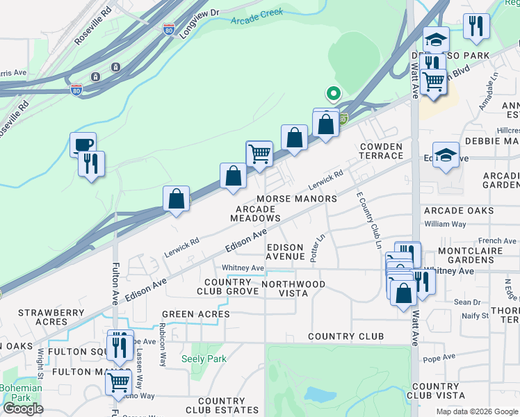 map of restaurants, bars, coffee shops, grocery stores, and more near 3600 Morse Avenue in Sacramento
