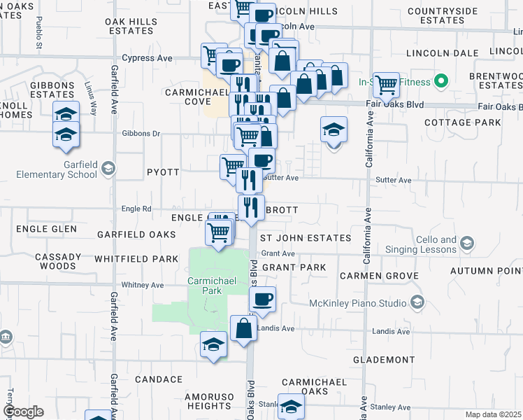 map of restaurants, bars, coffee shops, grocery stores, and more near 7144 Fair Oaks Boulevard in Carmichael