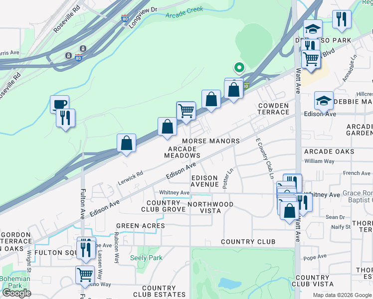map of restaurants, bars, coffee shops, grocery stores, and more near 3701 Morse Avenue in Sacramento