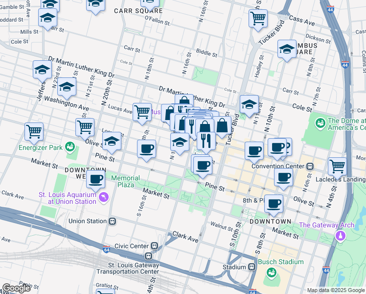 map of restaurants, bars, coffee shops, grocery stores, and more near 310 North 15th Street in St. Louis