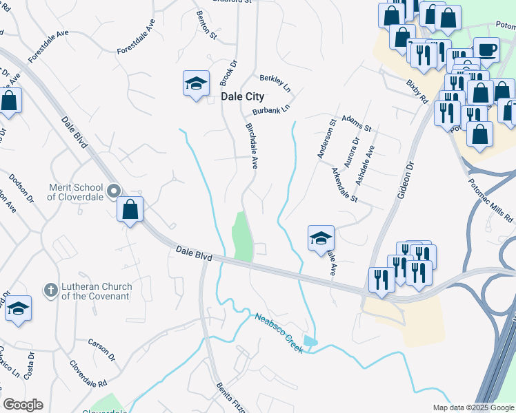 map of restaurants, bars, coffee shops, grocery stores, and more near 14800 Bryan Court in Woodbridge