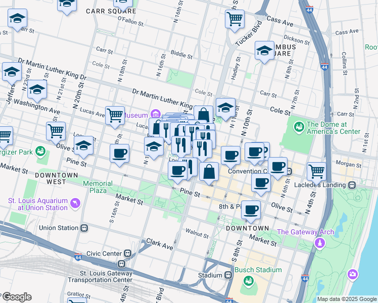 map of restaurants, bars, coffee shops, grocery stores, and more near 1398 Saint Charles Street in Saint Louis