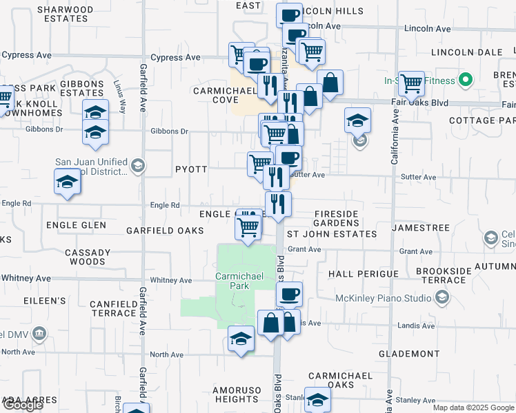 map of restaurants, bars, coffee shops, grocery stores, and more near 7135 Fair Oaks Boulevard in Carmichael