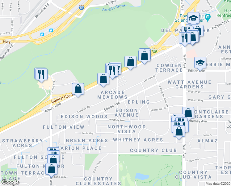 map of restaurants, bars, coffee shops, grocery stores, and more near 3600 Morse Avenue in Sacramento