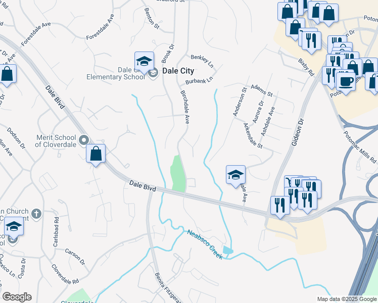 map of restaurants, bars, coffee shops, grocery stores, and more near 14800 Bryan Court in Woodbridge