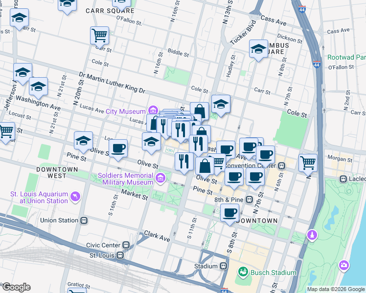 map of restaurants, bars, coffee shops, grocery stores, and more near 1221 Locust Street in St. Louis