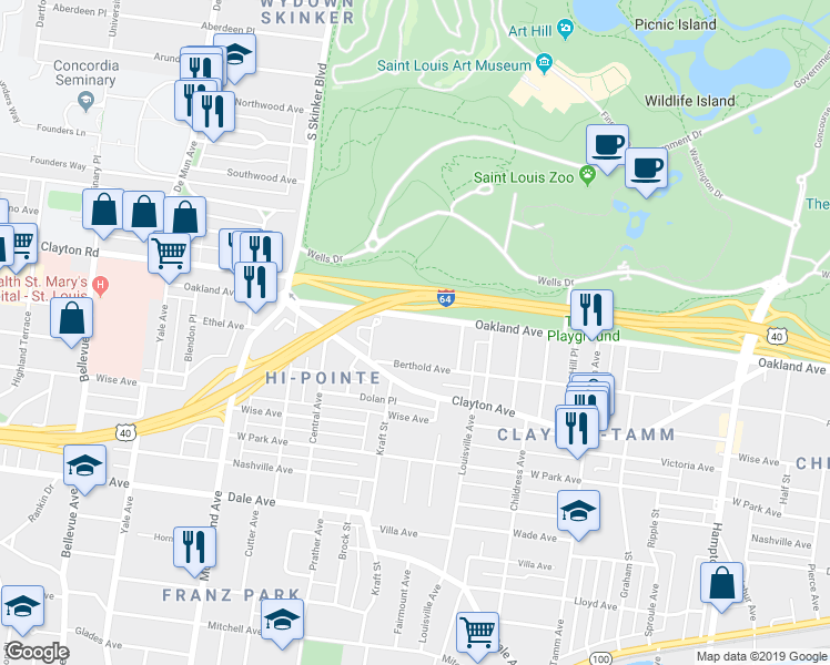 map of restaurants, bars, coffee shops, grocery stores, and more near 6661 Berthold Avenue in St. Louis
