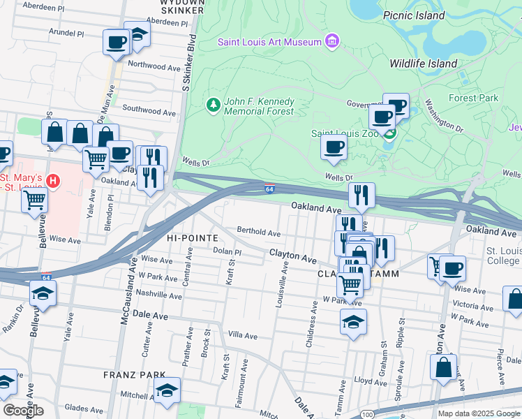 map of restaurants, bars, coffee shops, grocery stores, and more near 6644 Oakland Avenue in St. Louis